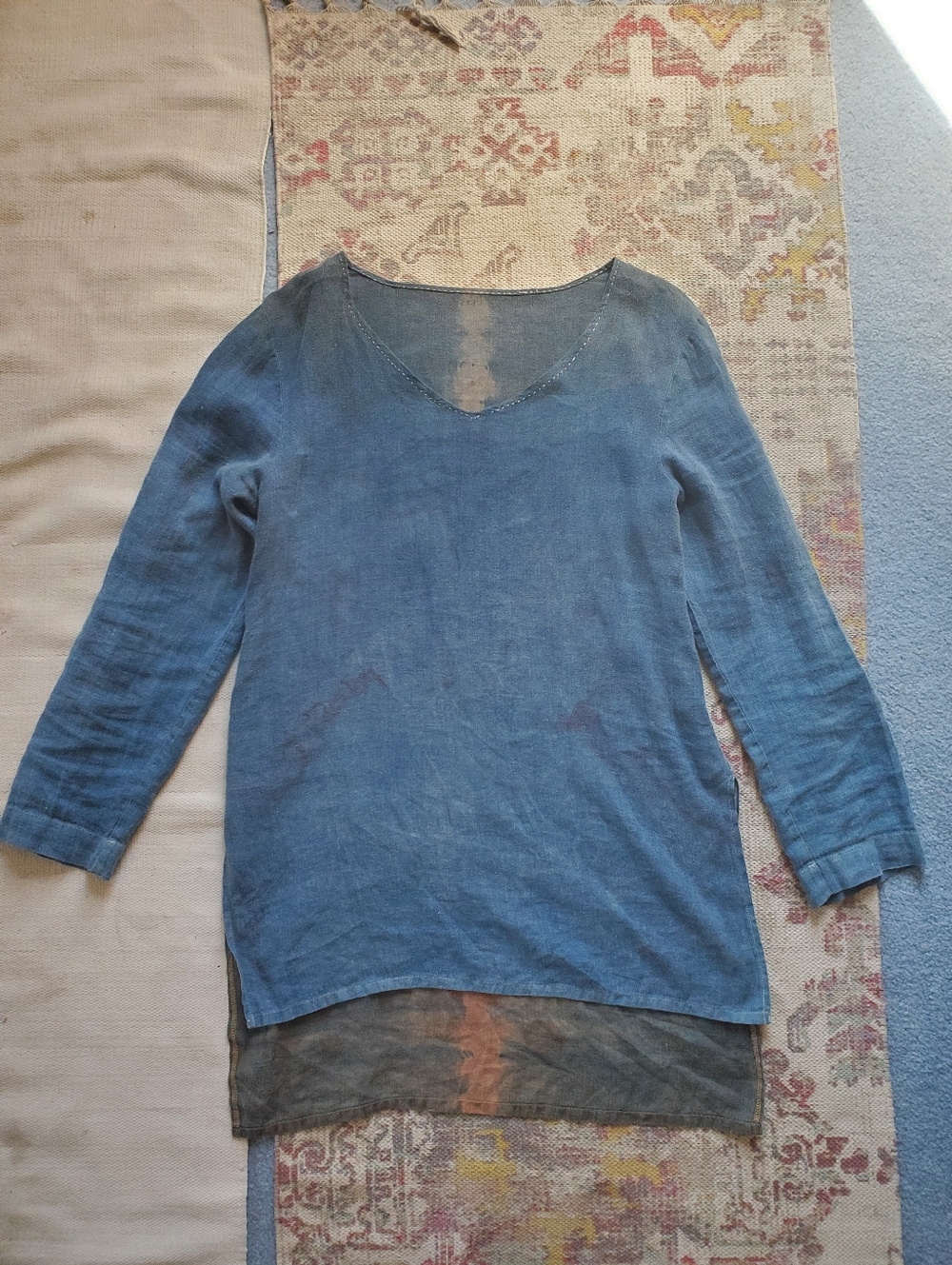 Blue 100% Linen Tunic Top with Layered Hem And Side Slits Size L
